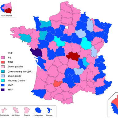 [FR - FRANCE] - Carte de la couleur politique des conseils généraux en 2008 (By PYMOUSS et Wikipedia)